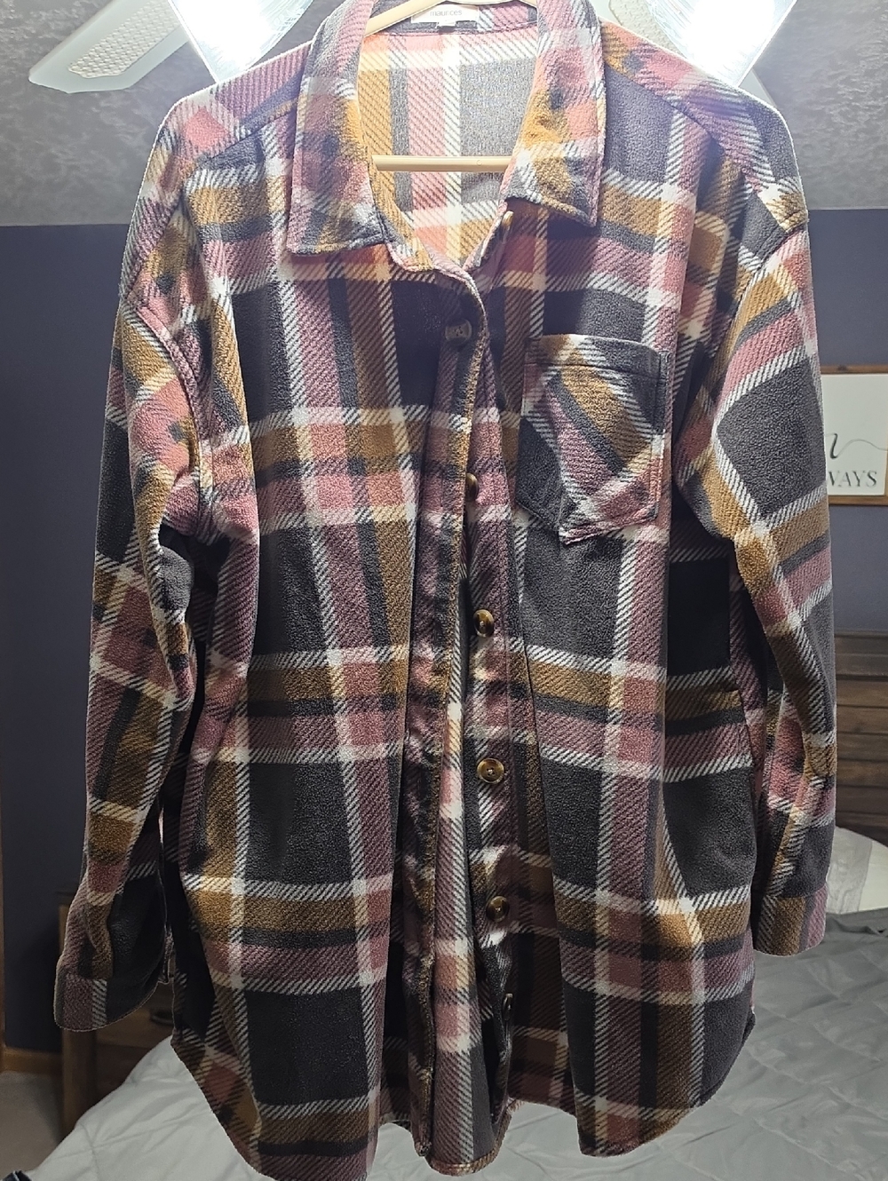 Maurices Plaid Button-Front Shirt Jacket in Pink, Gray and Tan